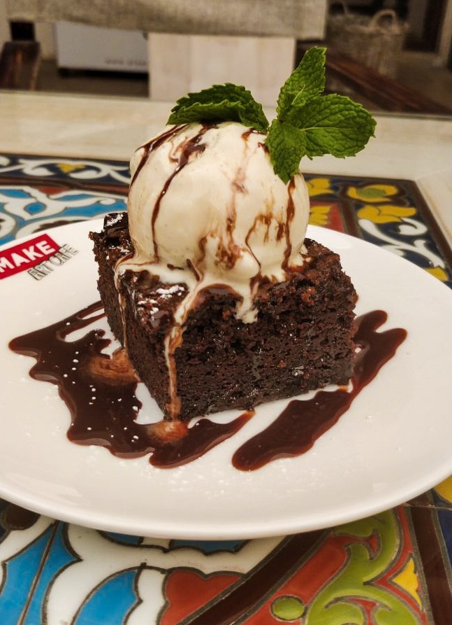 Chocolate brownie with Vanilla, chocolate, brownie, vanilla, icecream